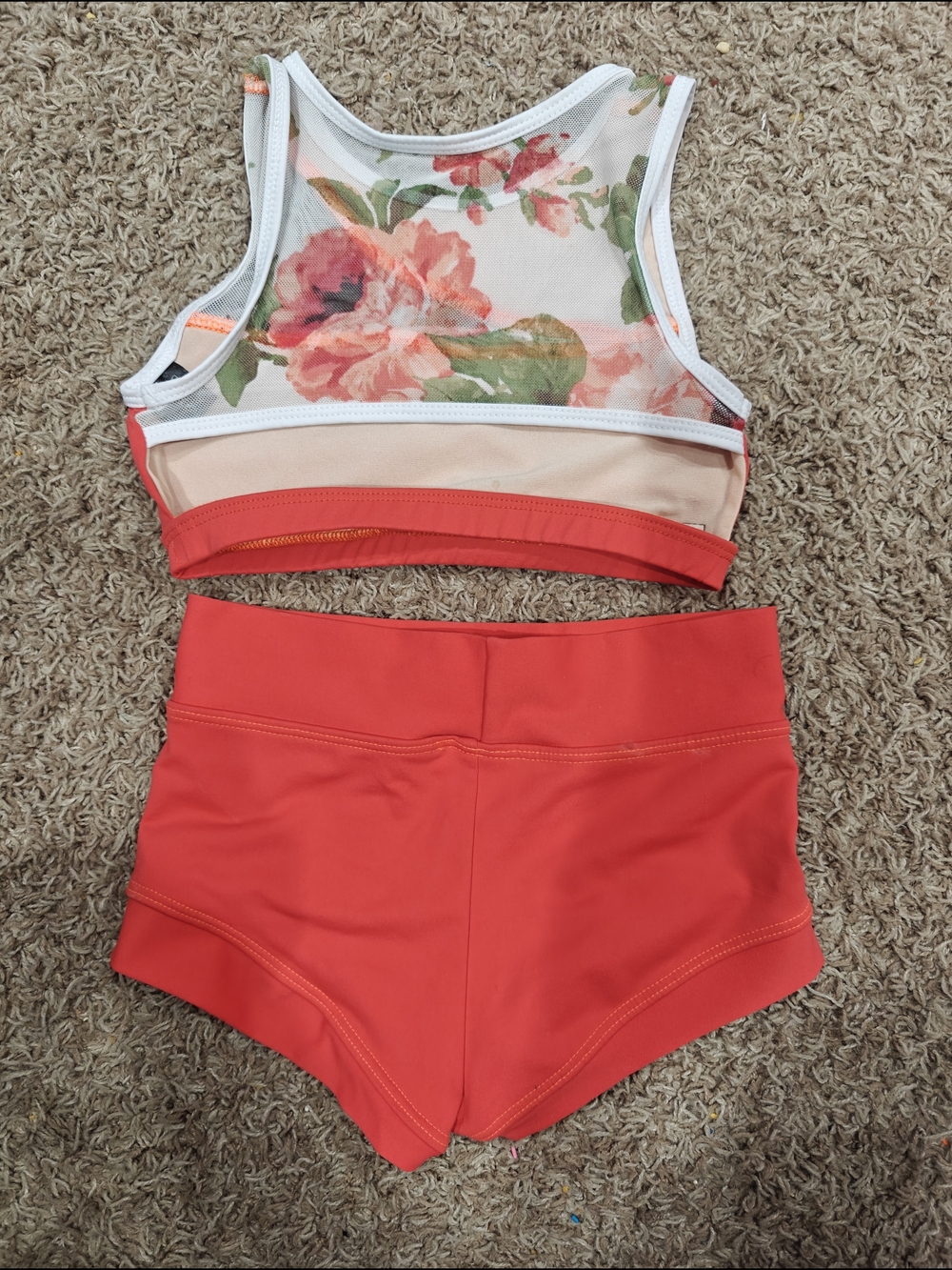 Girls' Red/Deep Coral Dance Crop Top & Shorts Set With Floral Mesh Accents - Picture 2 of 6